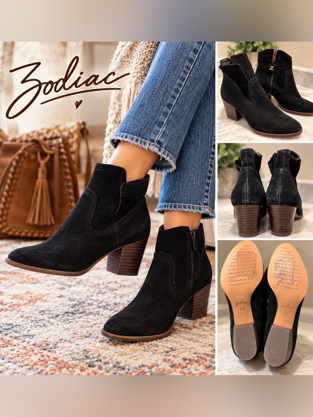 Zodiac Black Suede Western Ankle Booties Block Heel Size 6 and 6.5 (mismatch)